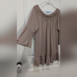 Roaman's Taupe Crochet Accent Blouse